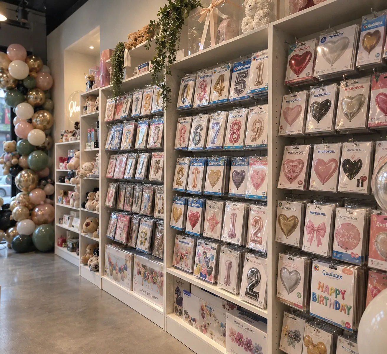 Balloon numbers, hearts and birthday party supplies displayed inside SethBalloon