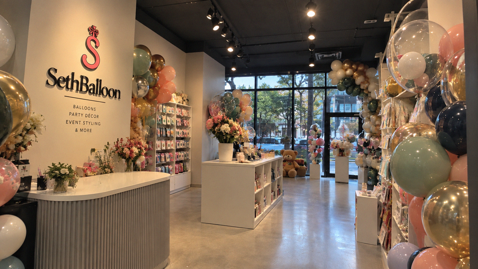 Inside the SethBalloon Toronto shop with balloon displays, flowers and party supplies