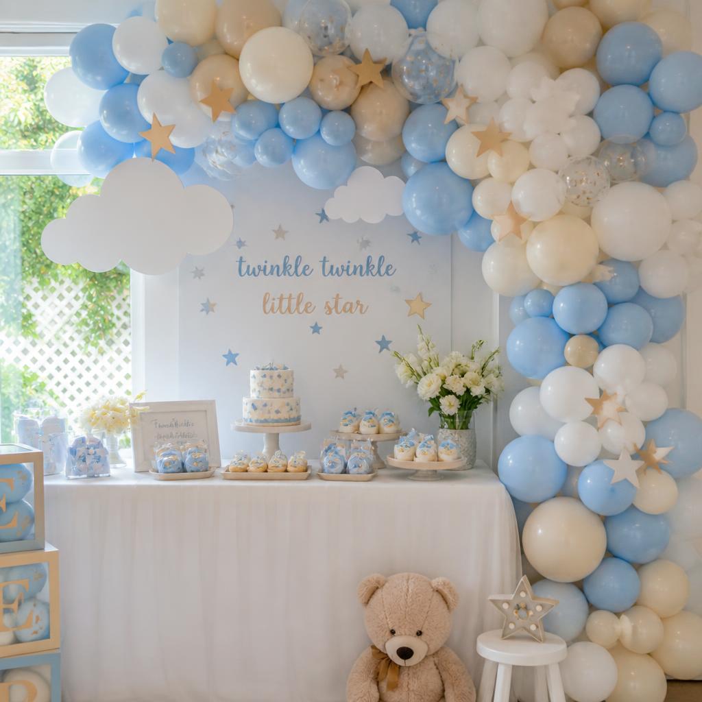 Pastel baby shower balloon garland with clouds and stars