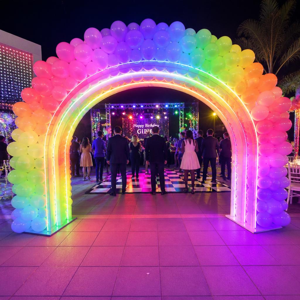 Neon rainbow balloon arch glowing at a night birthday party