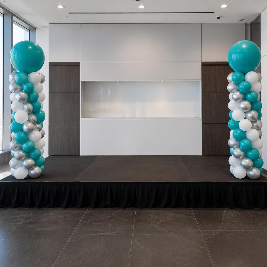 Teal, white and silver balloon columns for a corporate launch