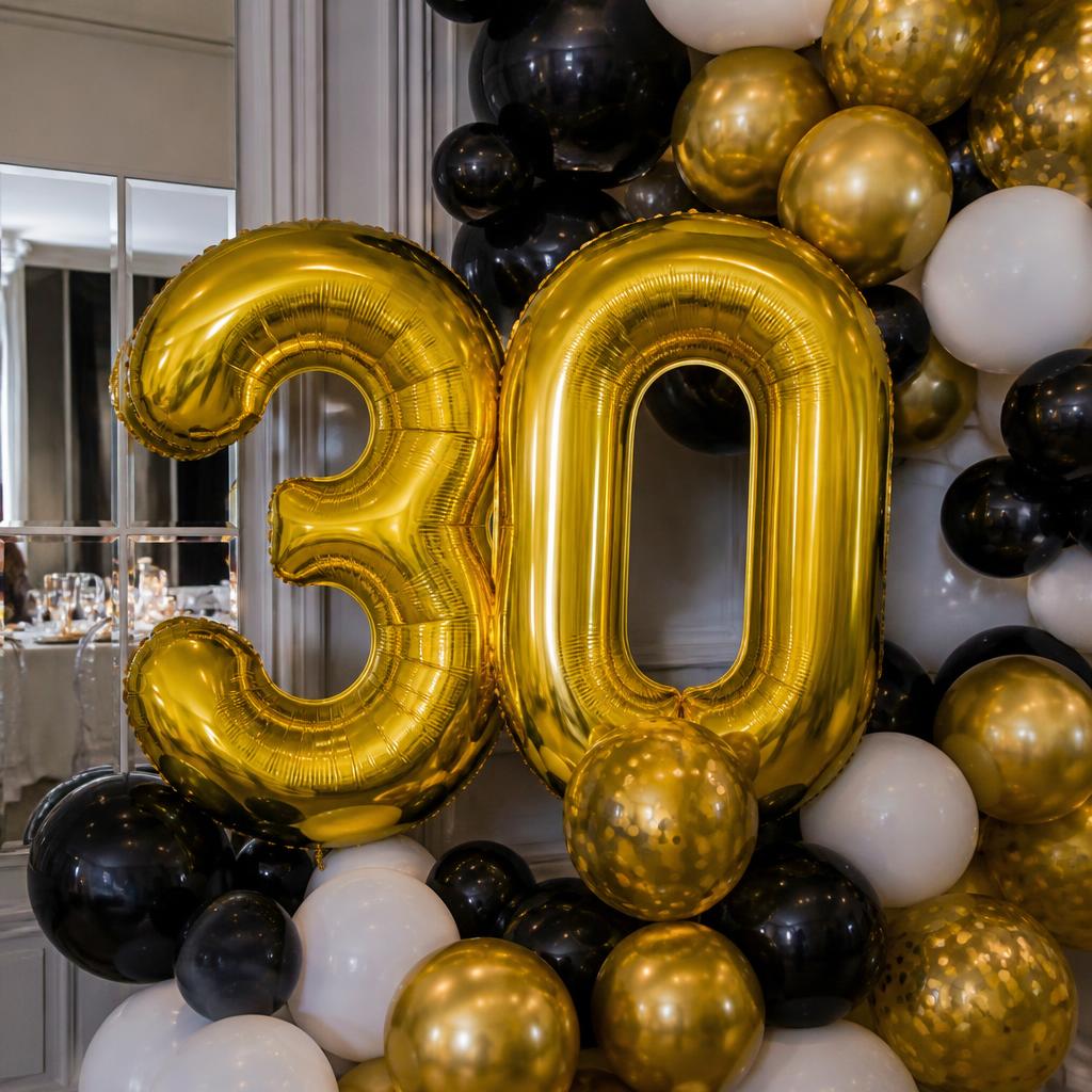 Giant gold foil number 30 balloons with black and gold garland